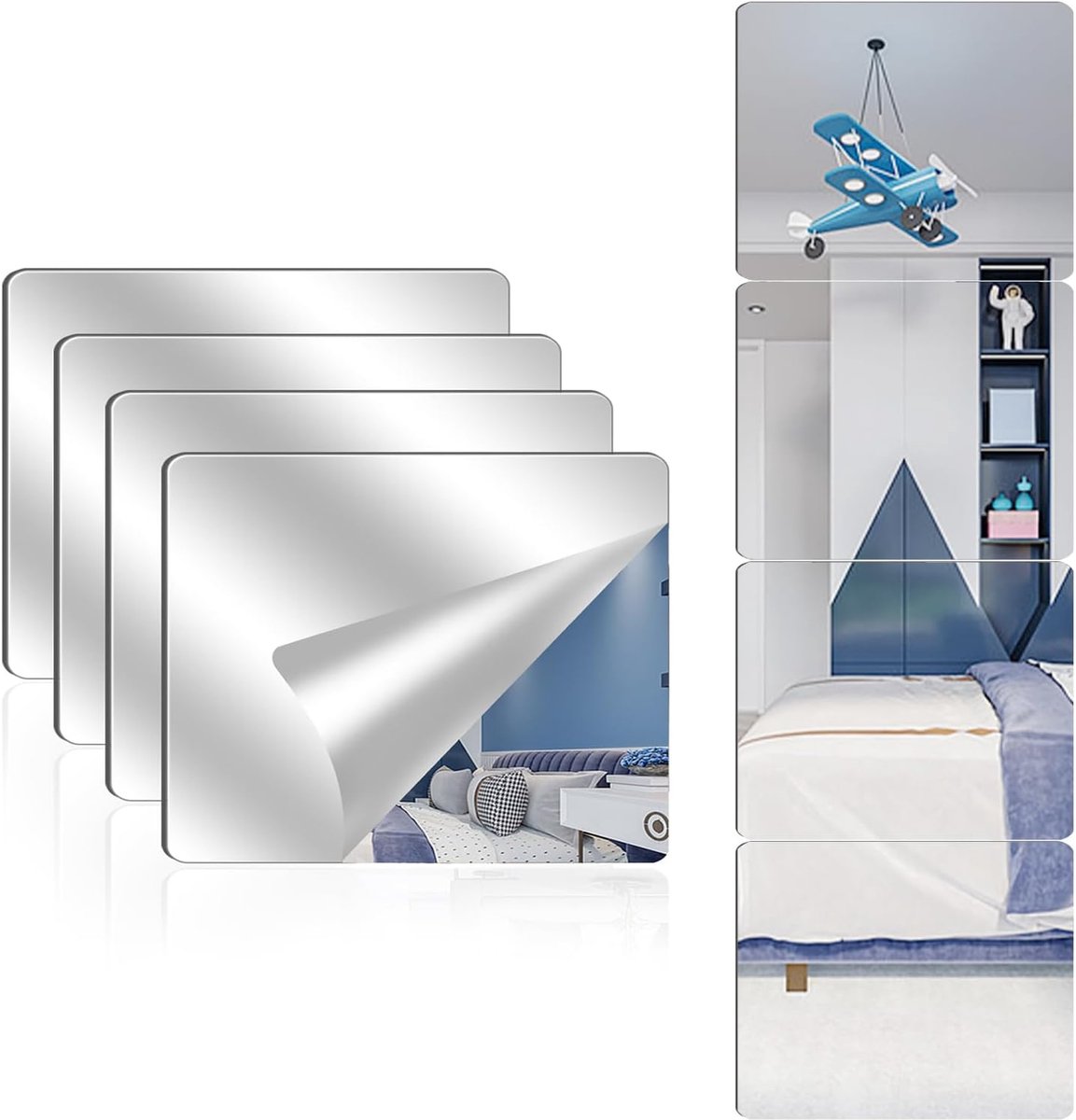4 stuks Zelfklevende Acryl Spiegeltegels voor Muur, Flexibele Kunststof Spiegelwand