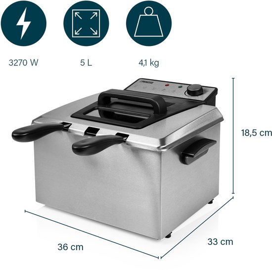 Afmetingen van een zilverkleurige frituurpan: 36cm breed, 33cm diep, 18.5cm hoog. Specificaties: 3270W, 5L, 4.1kg.