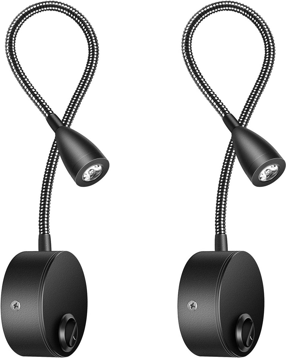 Set van 2 Flexibele LED Wandlampen met Zwanenhals voor Lezen en Nachtkastje, Warm Wit Licht