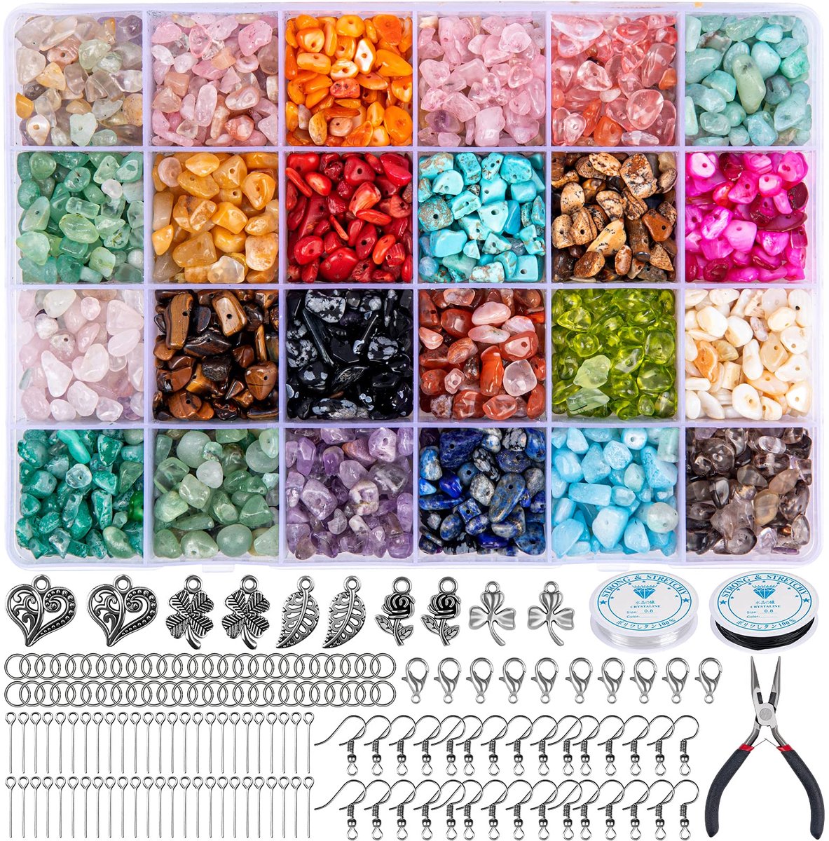 Sieradenmaakset, 24 kleuren natuurlijke edelsteenparels, 5-7 mm steenparels, 1073 stuks ringen DIY-set voor het maken van sieraden zoals kettingen, armbanden en oorbellen