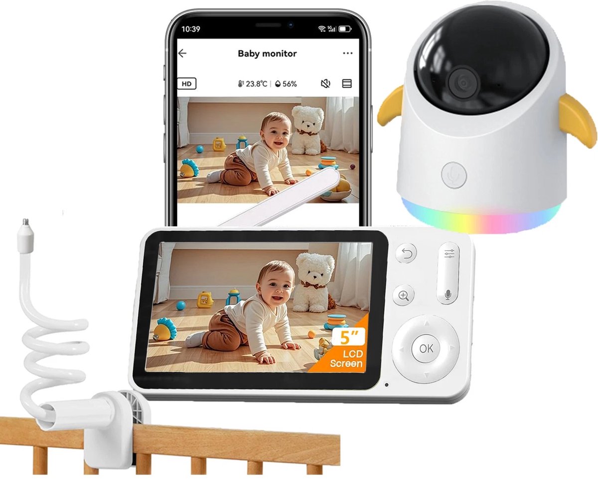 2K Babyfoon - 5 inch Scherm - Op afstand bestuurbaar - Babyfoon met Camera - Babyfoon Houder - Nachtlampje - Baby Monitor - 355° Horizontale en 120° Verticale