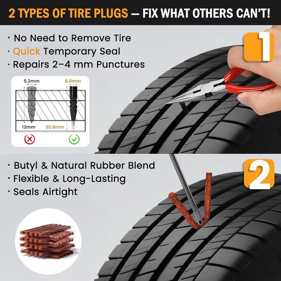 70-delige Bandenreparatieset voor Auto en Motorfiets - Heavy Duty Plugkit van Merkloos — afbeelding 4