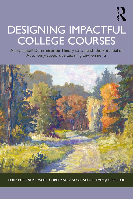 Boekomslag: Designing Impactful College Courses met een olieverfschilderij van een bospad in herfstkleuren.