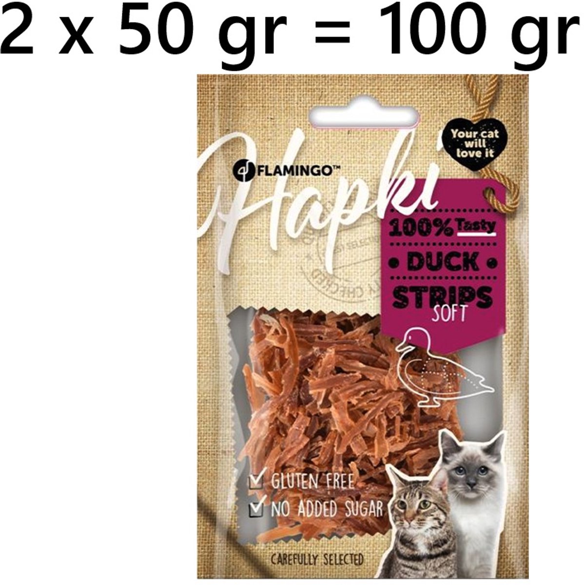 flamingo hapki kattensnack - duck strips soft - 50 gr - *** 2 X ** = 100 gram - glutenvrij - geen toegevoegde suiker