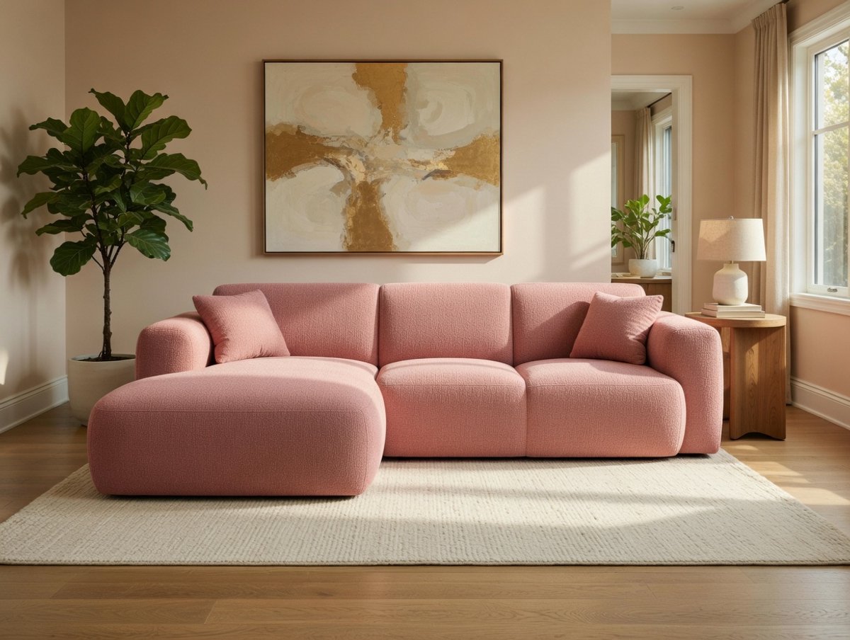 Hoekbank L-vorm Nolio – Luxe Chenille Stof met 3D-effect – 4-zits – 260x170 cm –roze – Bellavero