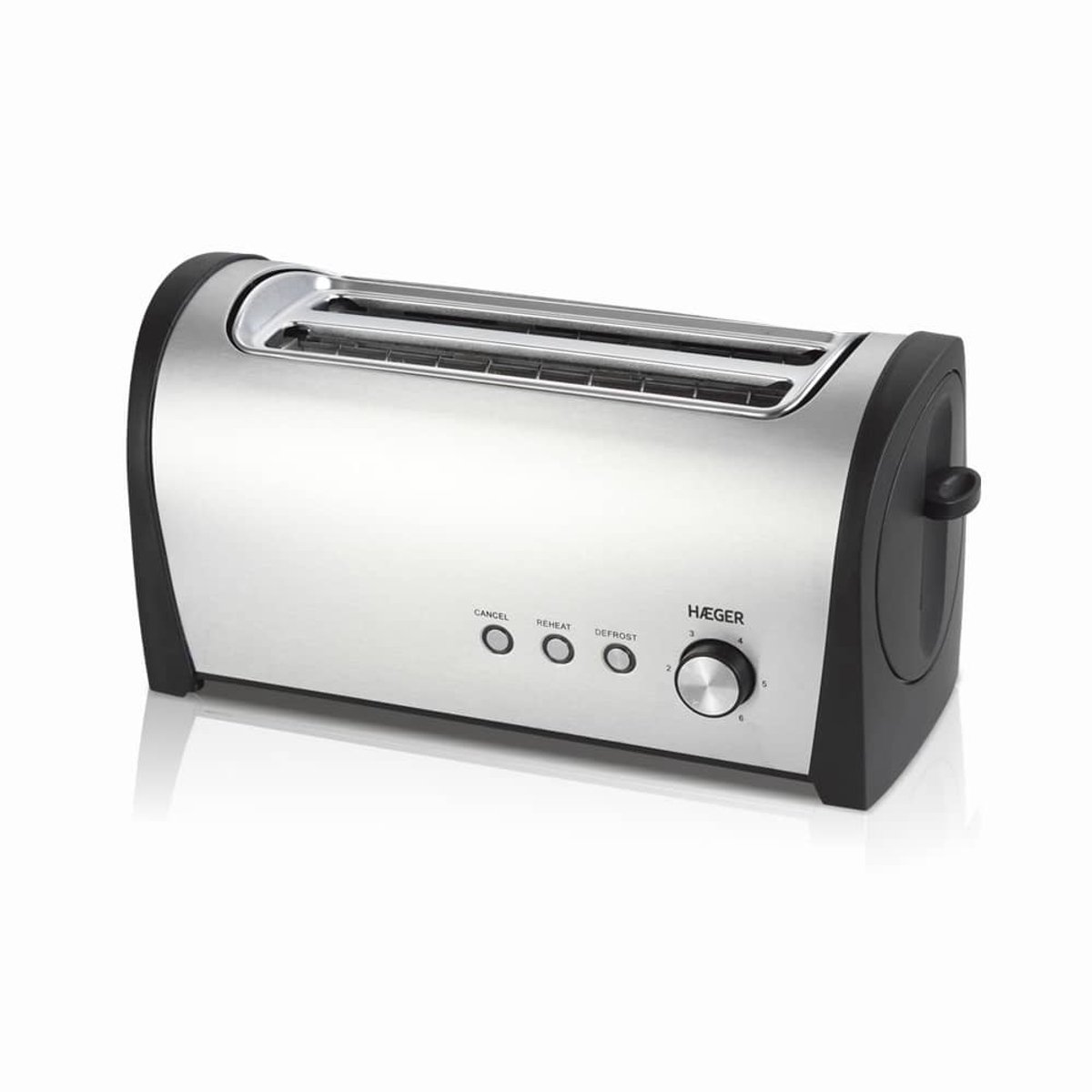 Haeger Desayuno Broodrooster - Uitschuifbare Kruimellade & Ontdooifunctie - PFAS En BPA-Vrij - 1400W - 2 Extra Brede Sleuven - 6 Bruiningsniveaus - Toaster Voor 4 Sneden - Snoeropbergruimte - Zilver