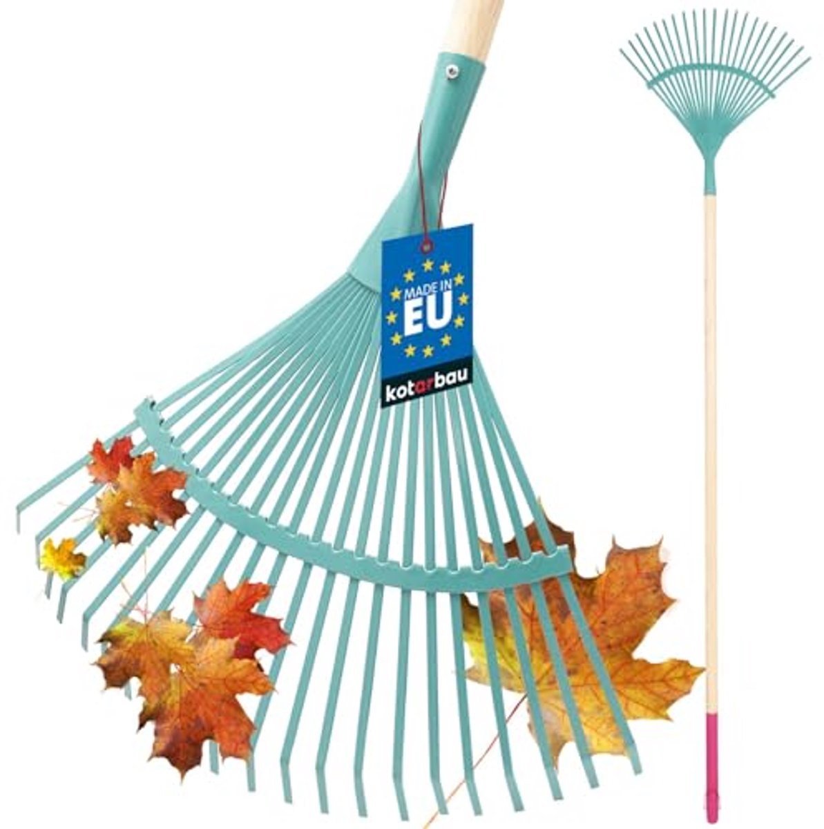 KOTARBAU® Bladhark, Staal, 41 cm, Bladbezem, met Houten Steel, 187 cm, Stevige Hark,Tuinhark, Gazonhark, voor Bladeren Gras Tuin, Ergonomisch Tuingereedschap, Turquoise Natuurlijk Hout