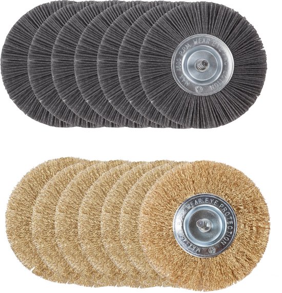 Twee sets borstels voor onkruidverwijderaars: boven donkergrijs, onder goudkleurig. Beide sets met 10 borstels.
