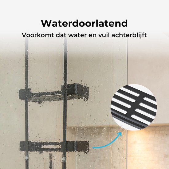 Zwart 2-laags doucherek met geperforeerde bodems, details van de ophanghaken.