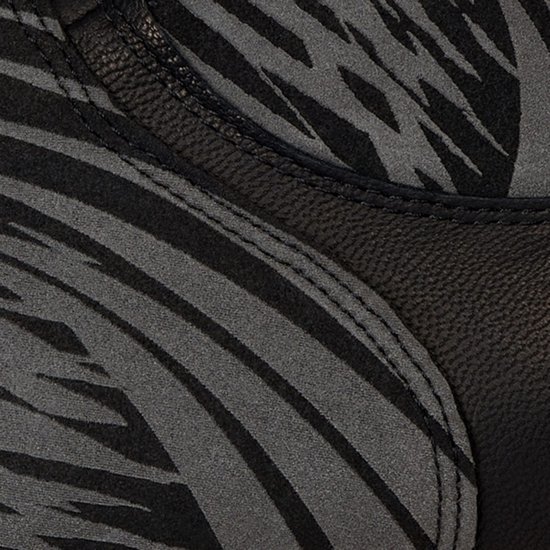 Detail van zwarte handschoen met grijs streepmotief en leder.