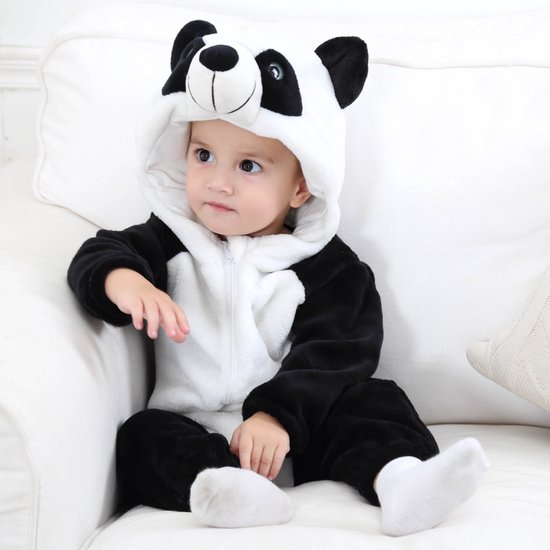 Budino® Baby Onesie - Baby Romper - Baby Pyjama - Baby Pakje - Baby Verkleedkleding - Carnavalskleding - Dier - Pandabeer - Wit Zwart - maat 70