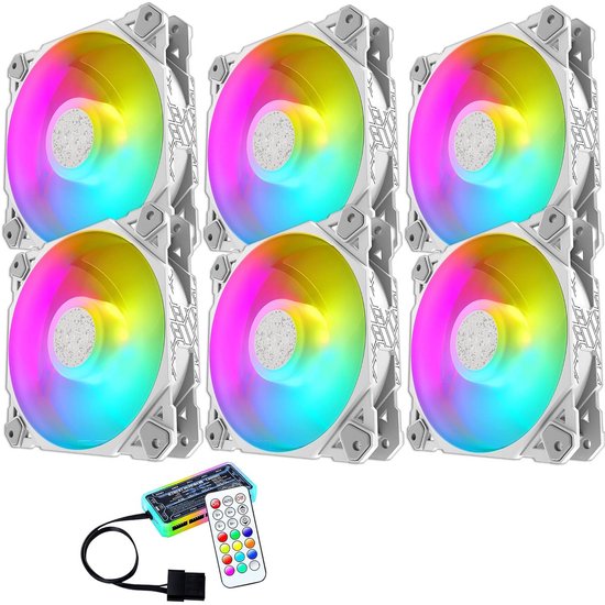 6 Stuks PC Ventilator 120mm Wit ARGB LED - Stille Hoge Luchtstroom & Afstandsbediening