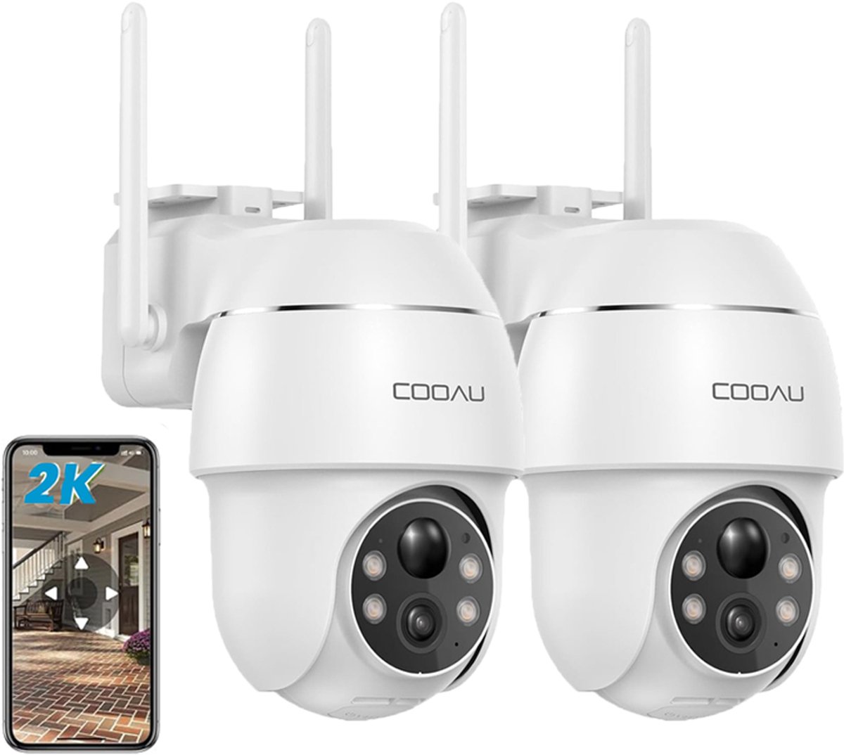 COOAU Q02 Beveiligingscamera buiten - 2K QHD - 355° Horizontaal & 90° Verticaal - Geen Maandelijkse Kosten - App - IP66 Waterdicht - Wifi IP Camera -2 Stuks