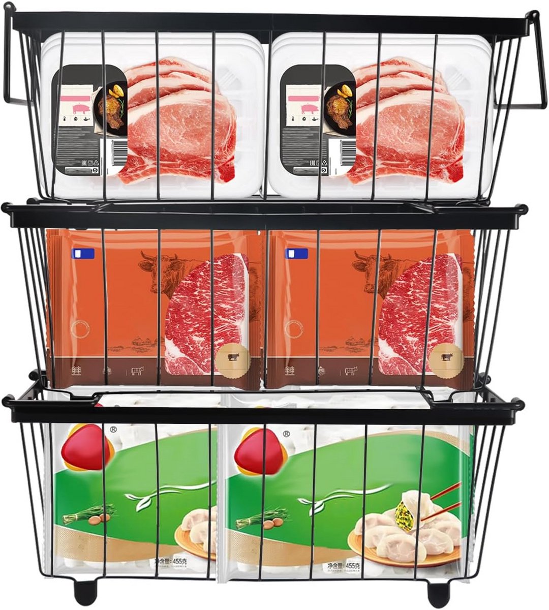 Set van 3 Metalen Opbergmanden - Stapelbaar & Opvouwbaar - Ideaal voor Koelkast, Vriezer en Boodschappen
