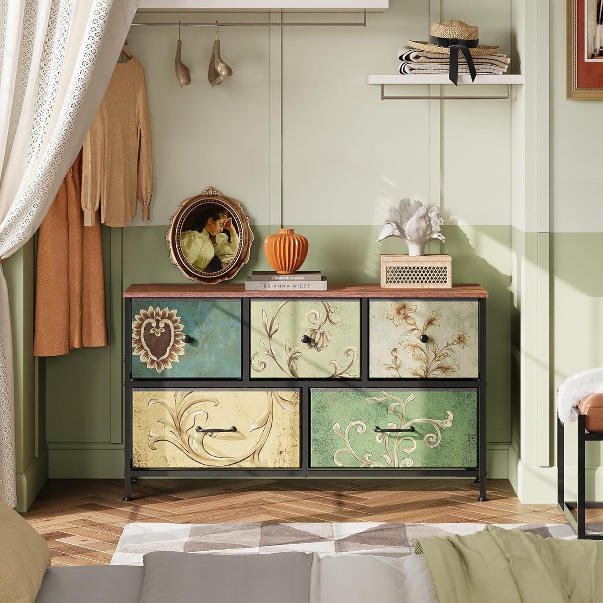 Ladekast met 5 Lades – Industrieel Opbergkast met Stoffen Lades en Metalen Frame – Walnoot Look