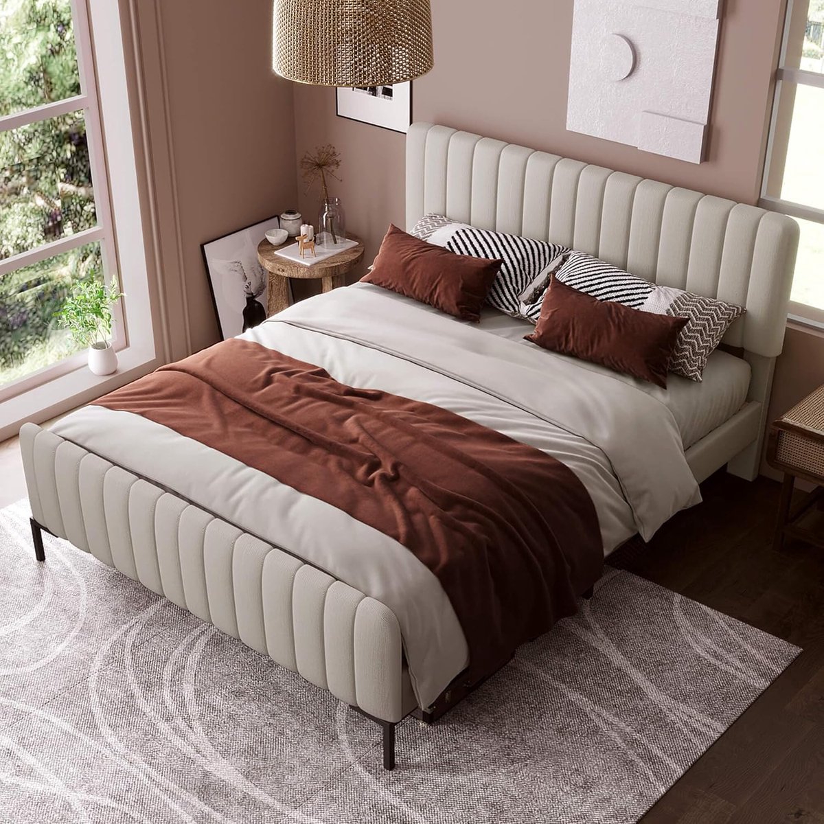 Doppelbett 180x200 cm mit Stauraum, Polsterbett mit Höhenverstellbarem Kopfteil, Lattenrost und Aufbewahrungsschublade – Modernes Leinenbett für Schlafzimmer & Gästezimmer – Beige, Abkantoor