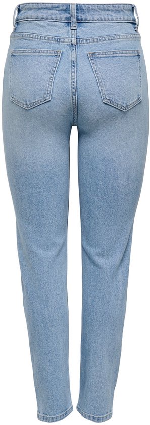 Achterkant van blauwe denim jeans met rechte pijpen en hoge taille.