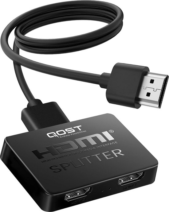 Qost - Répartiteur HDMI - 4K Ultra HD - TV - 1 In 2 Out - 1 HDMI vers 2 HDMI - 2 Écrans - Répartiteur - Zwart