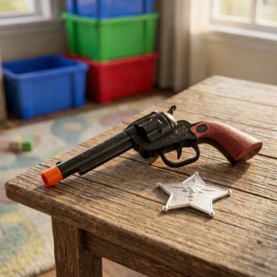 Zwarte speelgoed revolver met rode greep en sheriffster liggen op een houten tafel.