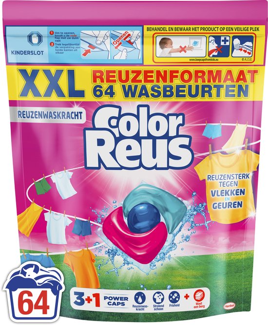 XXL Color Reus wascapsules, 64 wasbeurten. Kleurrijk wasgoed hangt te drogen. Verwijdert effectief vlekken en geuren.