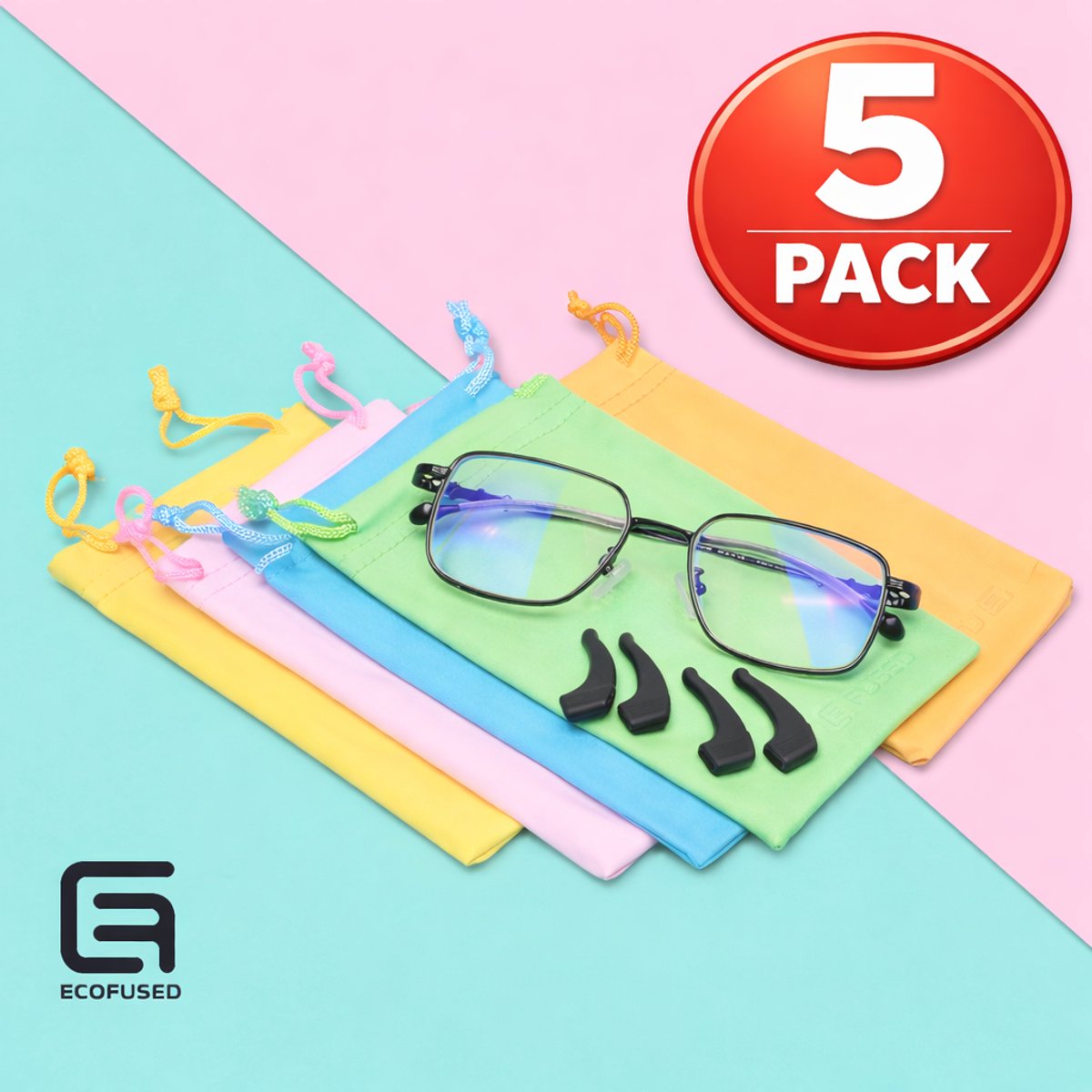 Microvezel Brillenhoesjes met Trekkoord & 2 Paar Oorhaakjes - 5-Pack - Zachte Brillenzakjes met Reinigingsdoekje - Voor Zonnebril, Leesbril en Veiligheidsbril - Antislip, Reisvriendelijk en Duurzaam