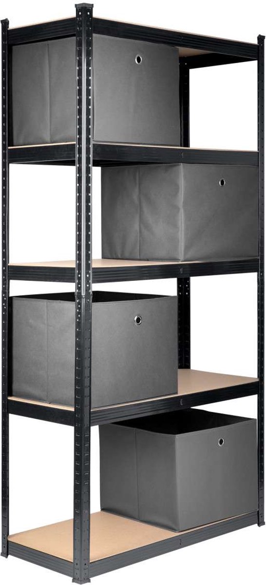 Feel Furniture - Schroefloos Opslagrek - 5 lagen - met 4 Grijze Boxen - Zwart