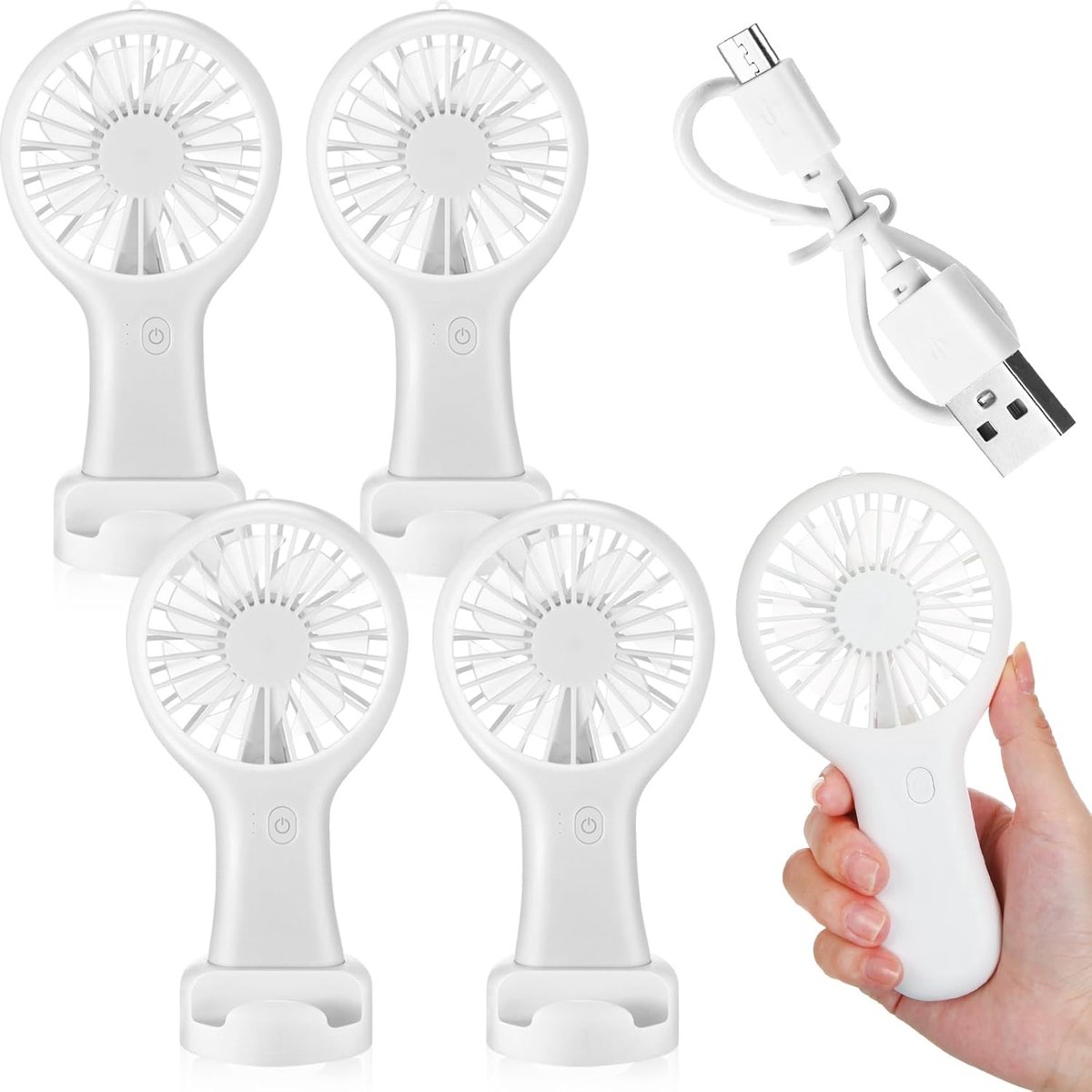 Draagbare mini-ventilators, per 4 stuks, met kabel en montagevoet - kleine oplaadbare USB-ventilator, stil (wit)