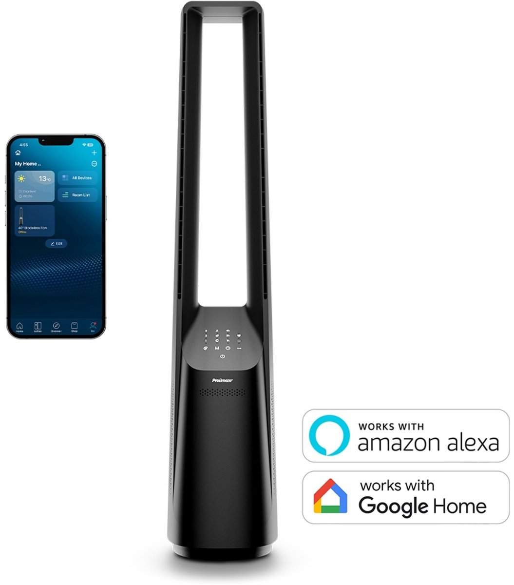 Pro Breeze 40" bladloze torenventilator met slimme app-bediening - zwart