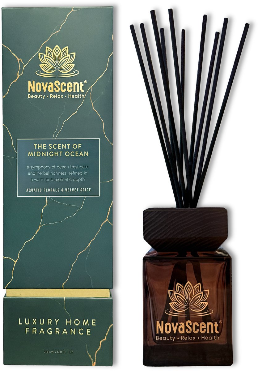 NovaScent® Home Fragrance - Midnight Ocean (200 ml) - Aquatic Florals & Velvet Spice - Rijke aroma’s - Sterk geconcentreerd - Geurstokjes - Etherische oliën - Aromatherapie - Fragrance Sticks - Huisparfum