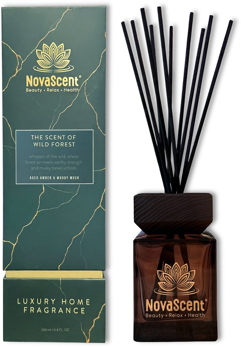 NovaScent® Home Fragrance - Wild Forest (200 ml) - Aged Amber & Woody Musk - Rijke aroma’s - Sterk geconcentreerd - Geurstokjes - Etherische oliën - Aromatherapie - Fragrance Sticks - Huisparfum