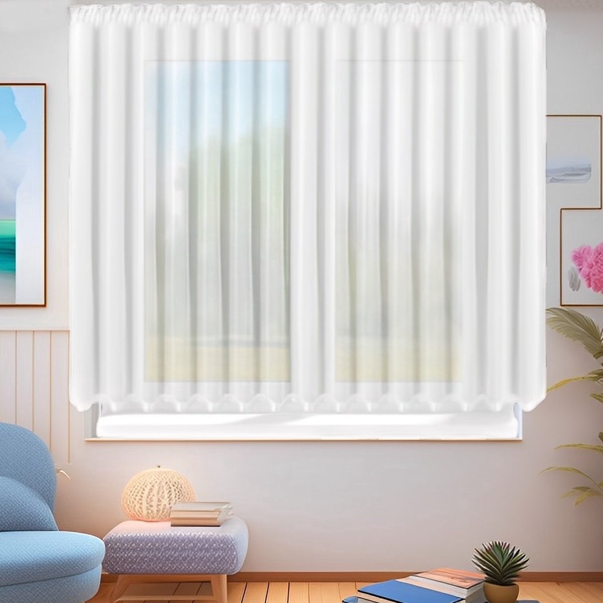 Glow Thuis - Vitrage - voile materiaal - kant en klaar - Wit satijn Band - 400x150 cm - plooiband