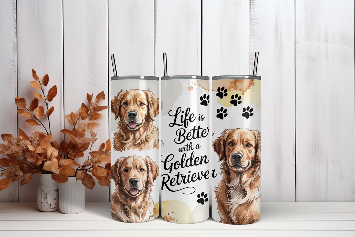 Thermosbeker Life is better with a golden retriever - 600 ml RVS Tumbler met Rietje - Cadeau - Schoolbeker - Antilek dop - Vaatwasserbestendig - Werkbeker - To go beker - Zomaar