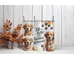 Thermosbeker Life is better with a golden retriever - 600 ml RVS Tumbler met Rietje - Cadeau - Schoolbeker - Antilek dop - Vaatwasserbestendig - Werkbeker - To go beker - Zomaar