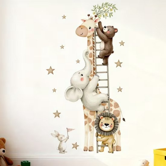 Muursticker "Dieren op een Ladder" - 37x71cm - Zelfklevend PVC - Babykamer - Kinderkamer - Leeuw - Olifant - Beer - Wand Decoratie Kind
