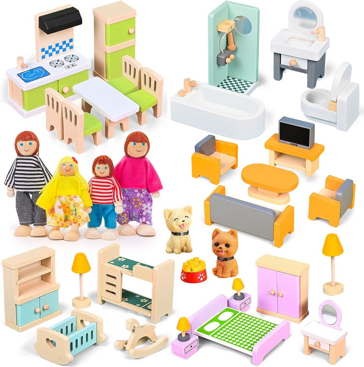 Houten Poppenhuis Meubelset met 4 Familiepoppen - 36 Delige Accessoireset