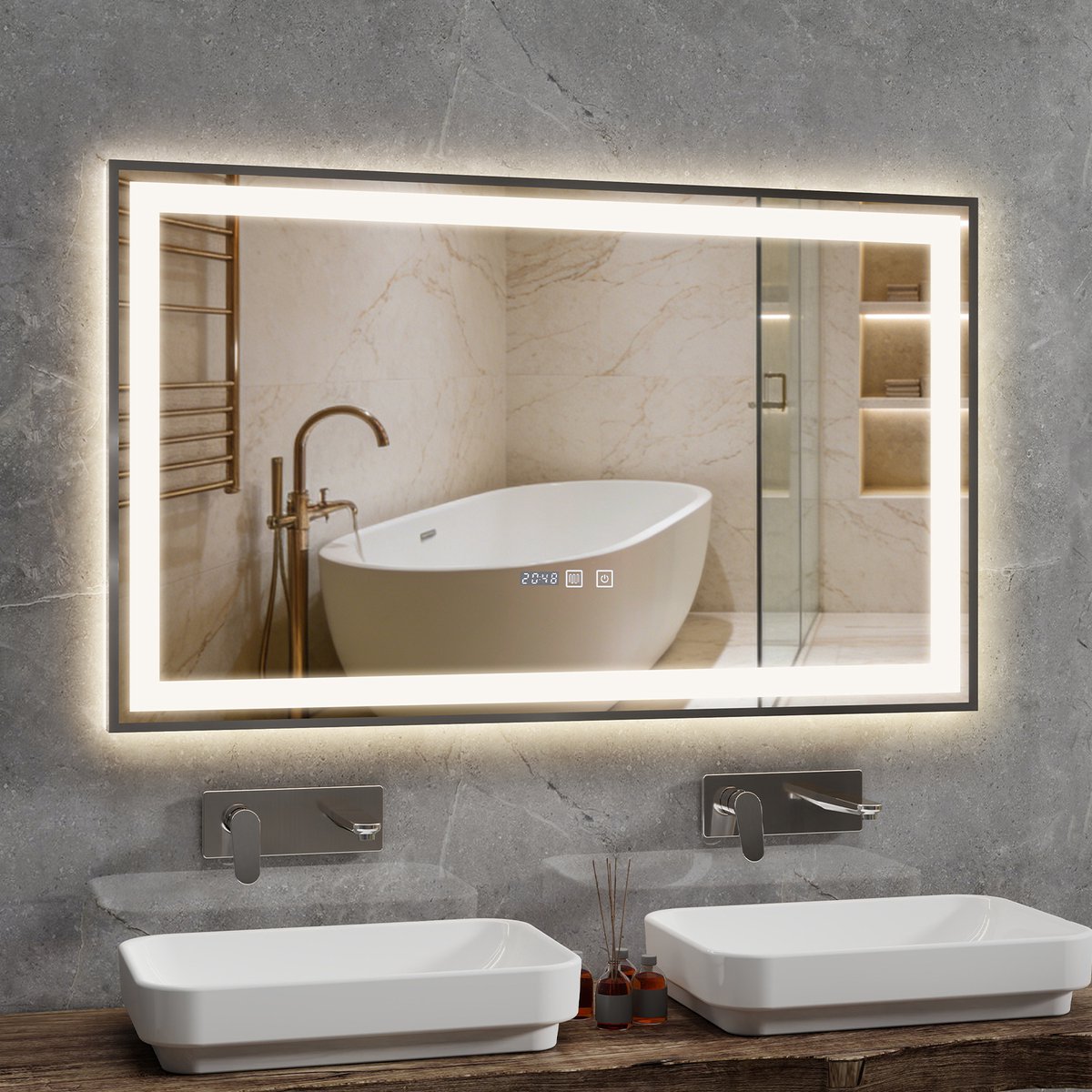 Puluomis Badkamerspiegel - 100x60cm - Rechthoekig Zilver Metalen Frame - LED-verlichting - Tijd- en Temperatuurweergave - Ontwaseming