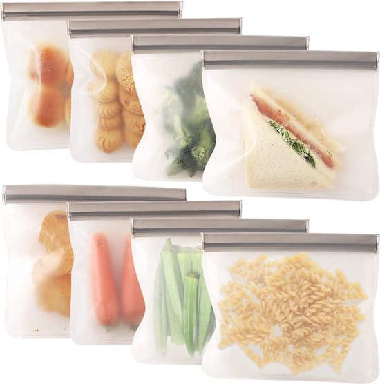 Sacs Ziplock SNQ - Lot de 8 sacs de conservation refermables - Étanches et réutilisables - Idéals pour les viandes marinées, les fruits et les collations
