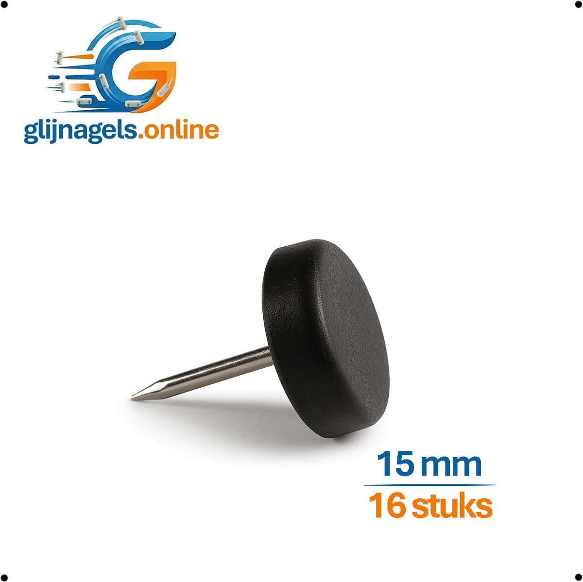 16 STUKS PREMIUM GLIJNAGELS rond 15 mm zwart – PVC meubelglijders – Vloerglijders – Meubeldop – Glijdop – Meubelpoten glijders – Vloerbeschermers – Bescherming tegen krassen en vocht – Geluiddempend – Voor kasten, tafels en stoelen en banken