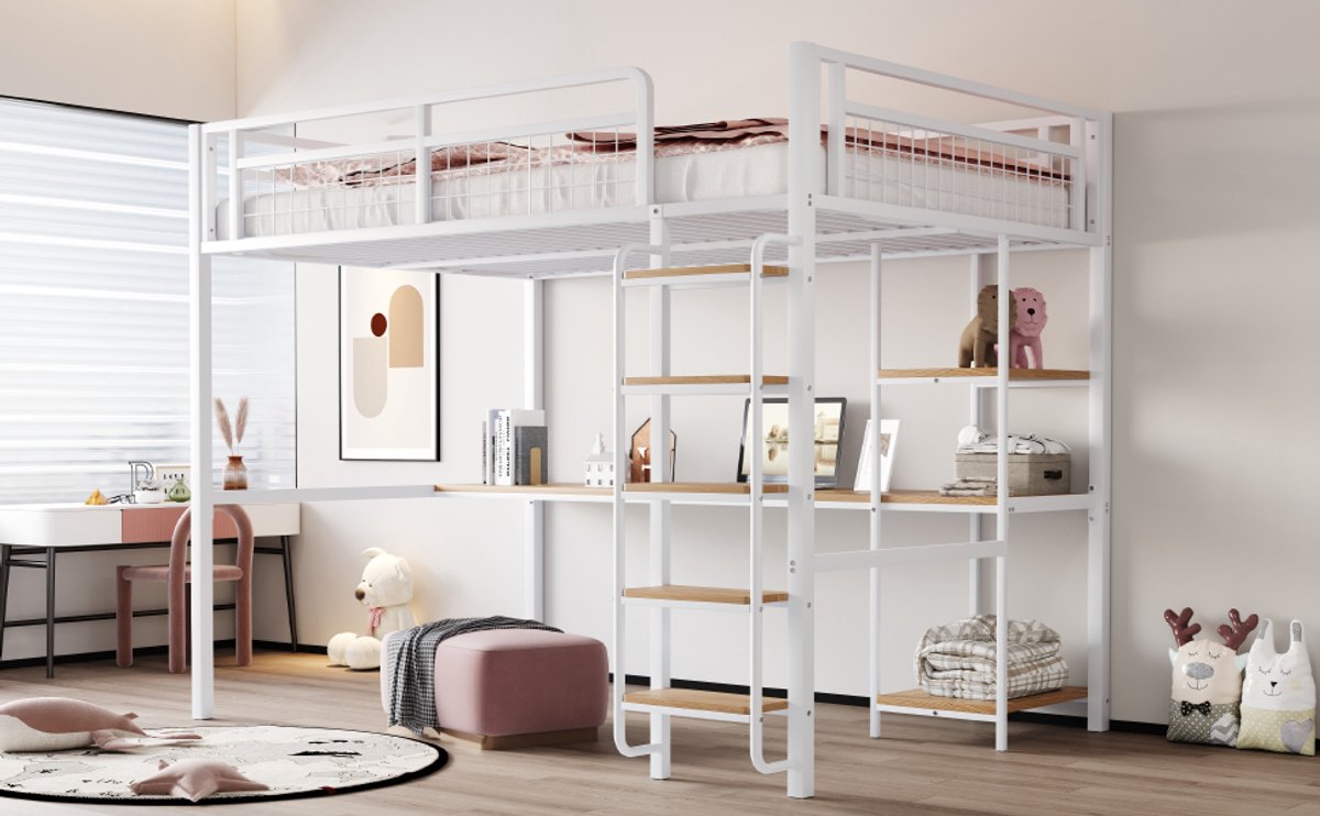 REDOM Hoogslaper – 140x200 cm – Met bureau & planken – Metalen veiligheidshek – Metalen ladder met brede treden – Wit