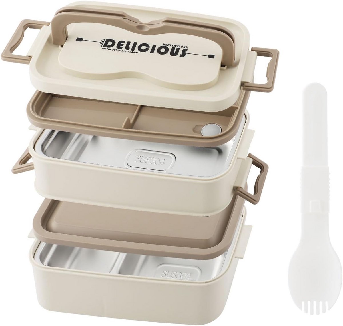 Grote 2-laags Lunchbox met RVS Binnenkant en 3 Vakken - 1800 ml