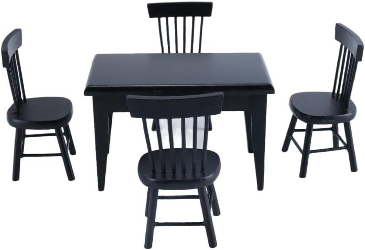 - Mini eettafel en stoelenset voor poppenhuis - Doe-het-zelf - Hout - Rollenspellen - Vier Stoelen - Voor Kinderen - Natuurlijke Houtkleur - Compatibel met Poppenhuizen - Geschikt voor Rollenspellen