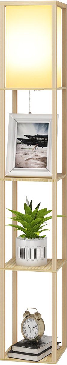 Puluomis - Vloerlamp - Staande lamp - Vloerlampen Woonkamer - Stalamp - Staande lampen woonkamer - Modern - 3-laags opbergrek - 160H x 26L x 26B cm - Houtnerf