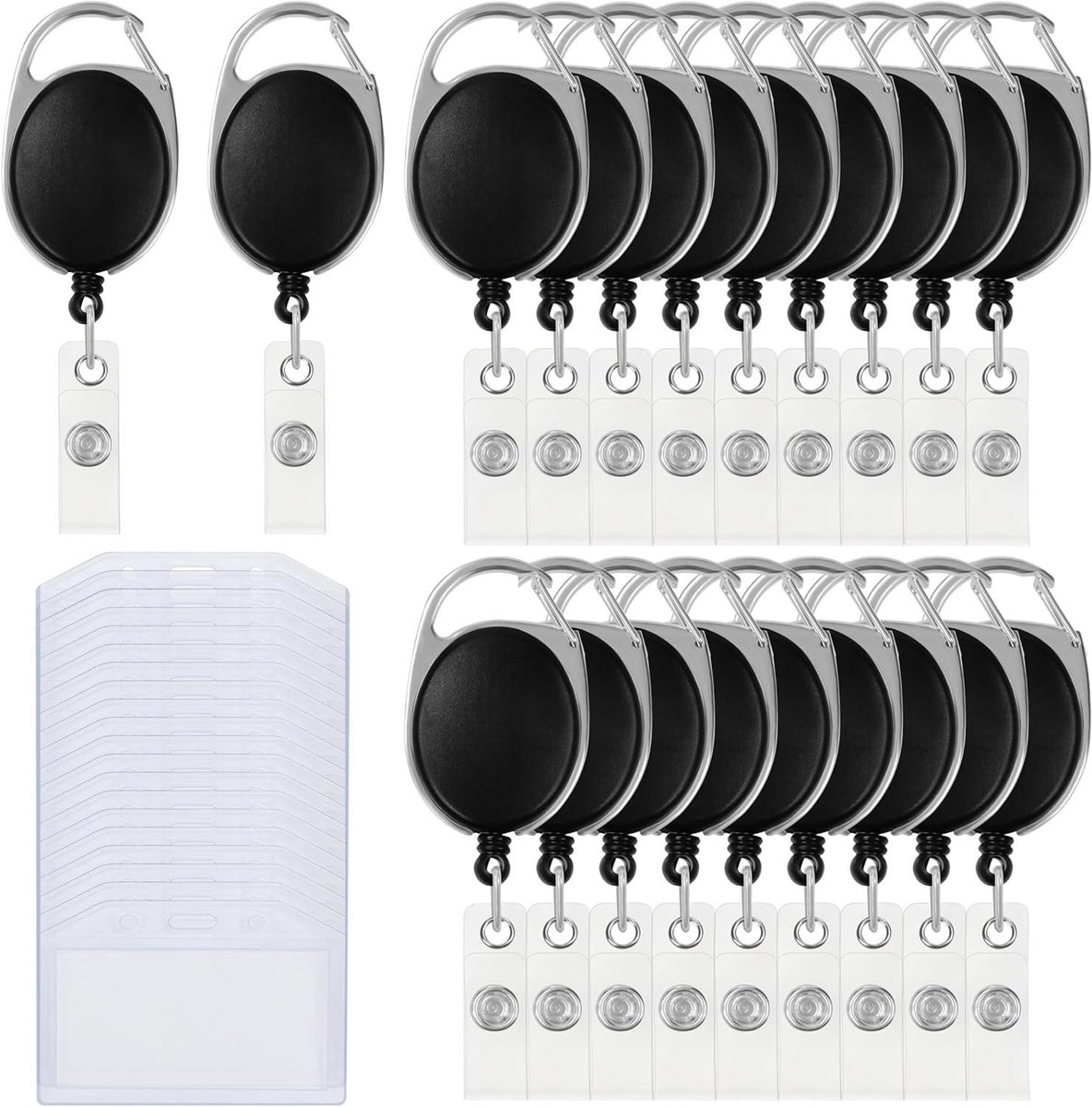 Allecto - Intrekbare ID Kaart Houders - Plastic - Zware Kwaliteit - Karabijnhaak - Horizontale Klem - Sleutelhangers - Sleutelringen - Naam Kaarten - Pasjes - Riemen - Geschikt voor alle gangbare ID Kaarten en Pasjes - Transparant - 20 stuks