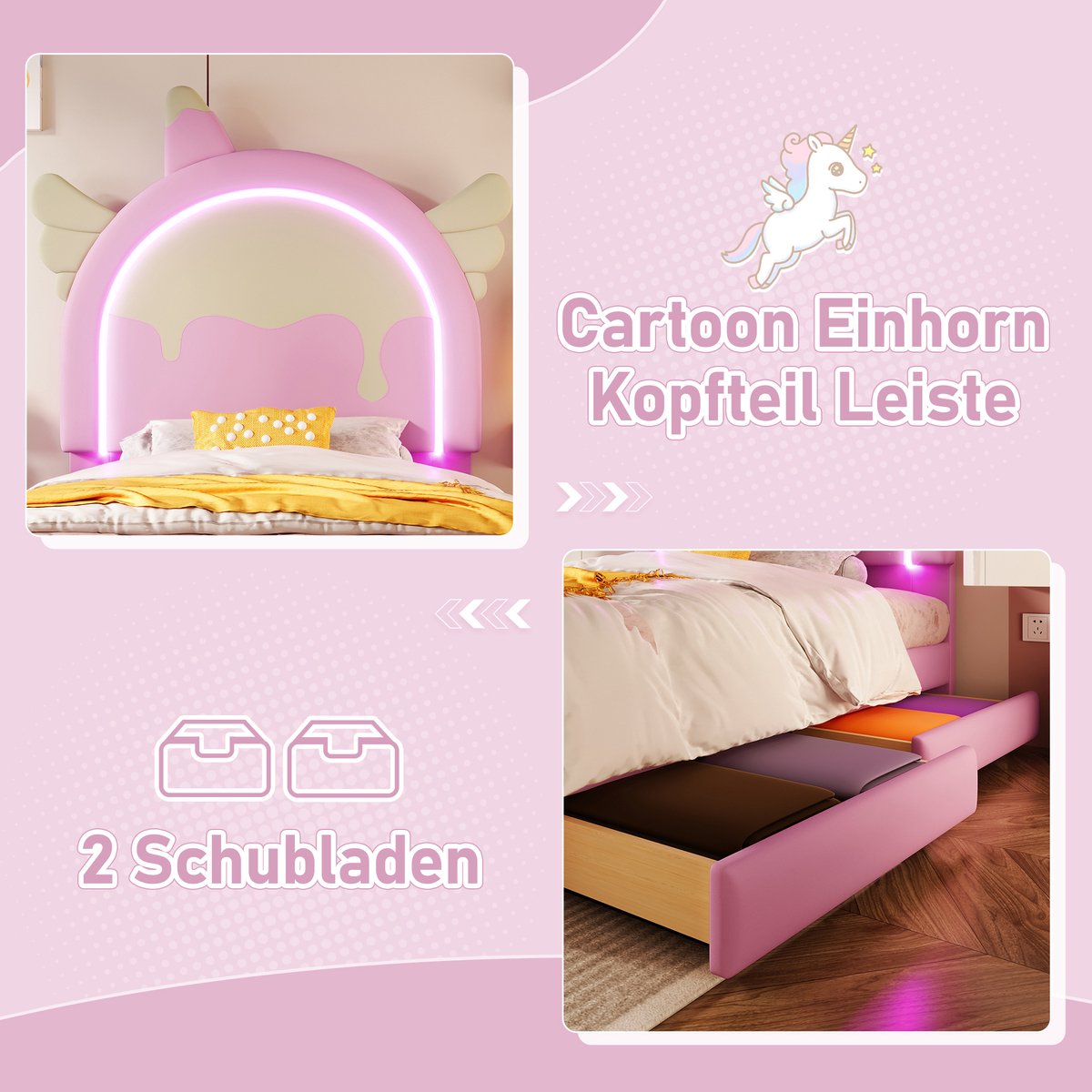 FloraGrace Gestoffeerd Bed 90x200 cm – Met Kleurrijke Lichtstrip – Met 2 Lades – Eenhoorn Kindbed – PU – Zonder Matras – Roze — cadeau in Cadeau-ideeën - foto 4