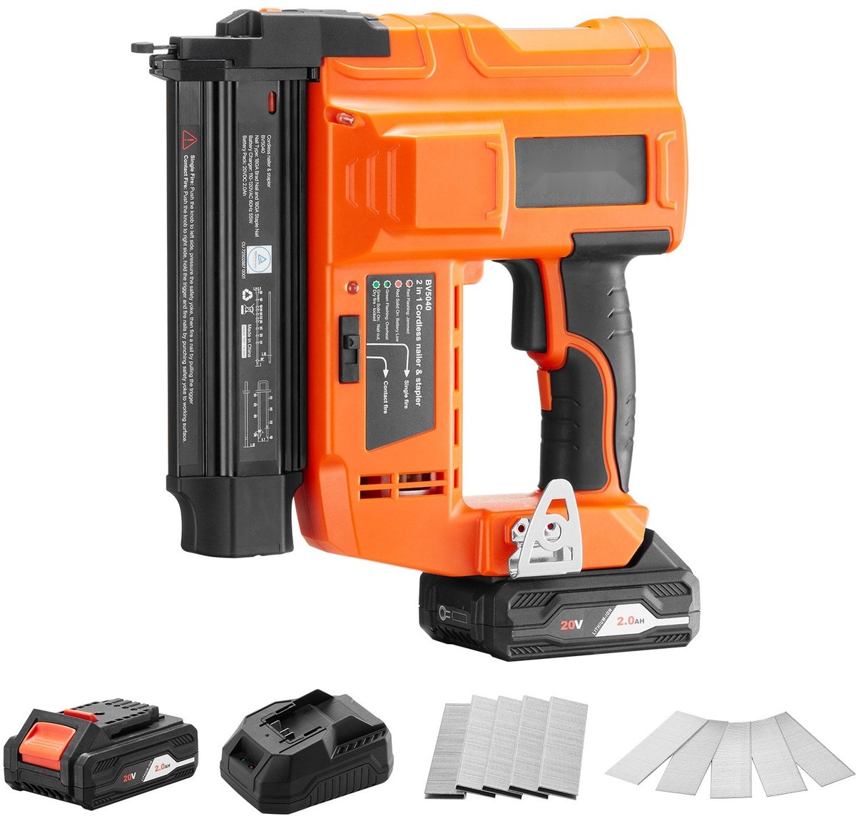 Accu spijkerpistool en niettacker - 2-in-1 - Geschikt voor 18 gauge - Accu 20V - Tot 100 spijkers/min - Met 2,0 Ah accu & oplader + 500 spijkers/nietjes - Houtbewerking - Oranje