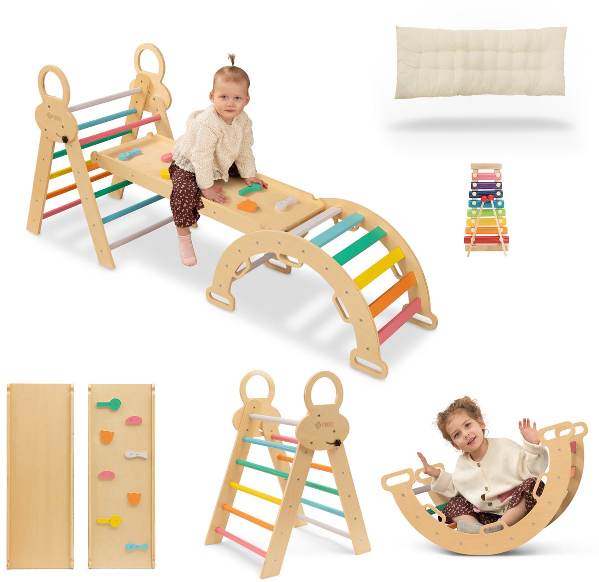 FINOOS Klimrek - Klimdriehoek - Klimboog - Glijbaan - Montessori - Houten Speelgoed - incl. kussen en Xylofoon Regenboog