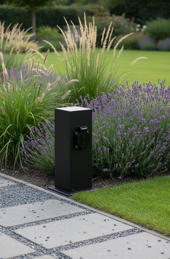 PORT - Prise extérieure sur colonne avec broche de terre - Prise de courant - 2 X 230 V - Prise type E (version belge) - IP44 étanche - Noir mat