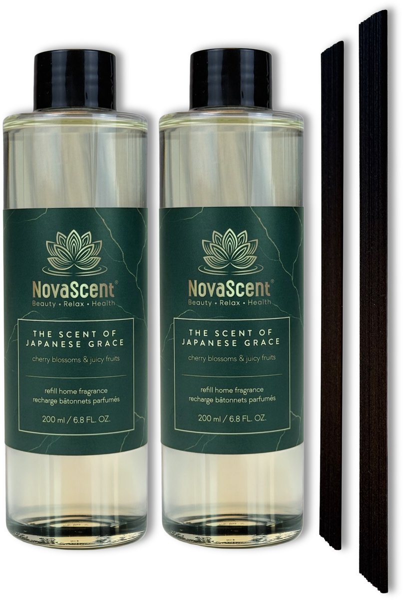 NovaScent® Home Fragrance Refill - Japanese Grace (2 x 200 ml) - Cherry Blossoms & Juicy Fruits - Rijke aroma’s - Sterk geconcentreerd - Geurstokjes - Etherische oliën - Aromatherapie - Fragrance Sticks - Huisparfum