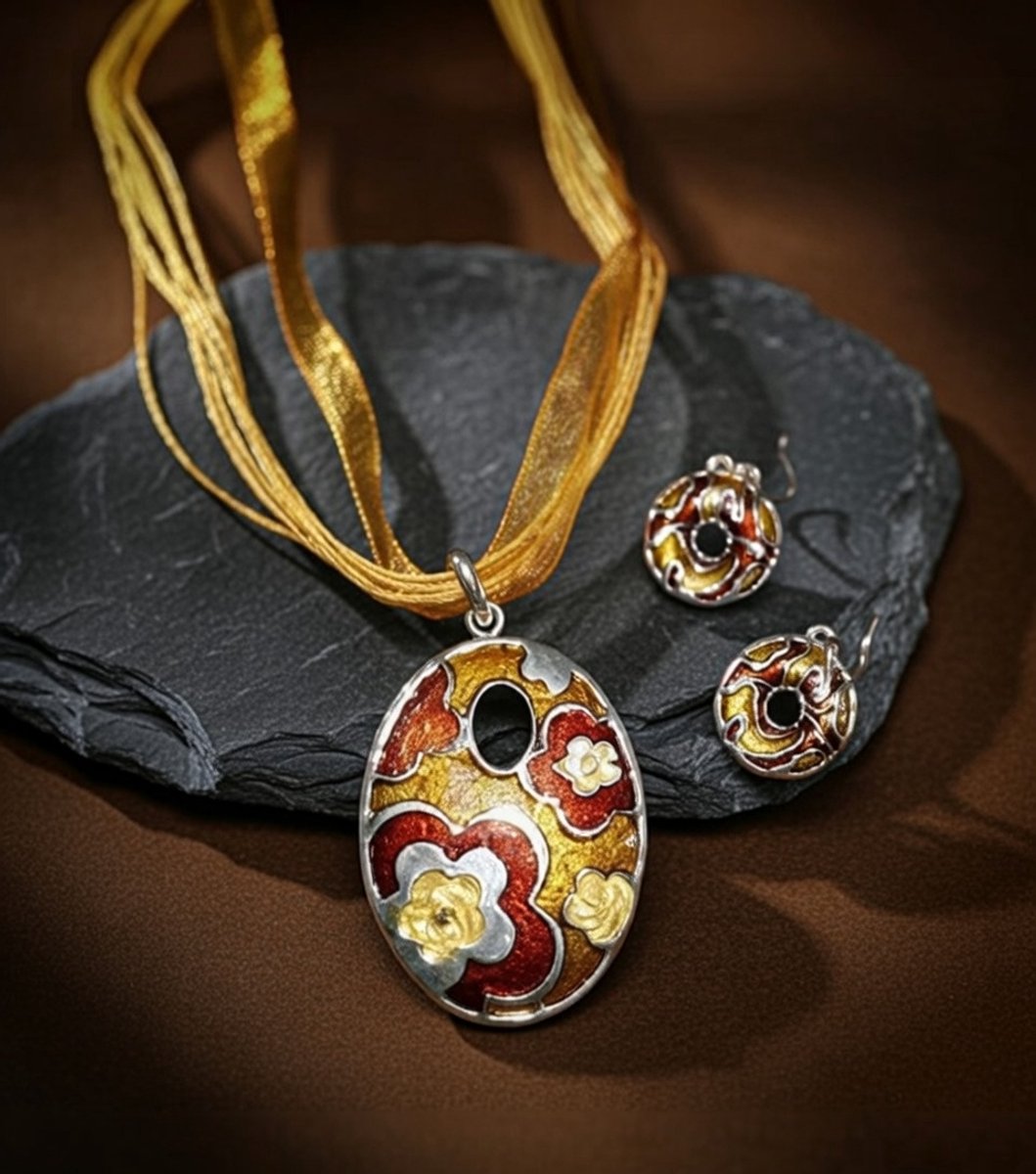 Set: lint koord ketting goud-bruin met een geëmailleerde hanger en oorbellen