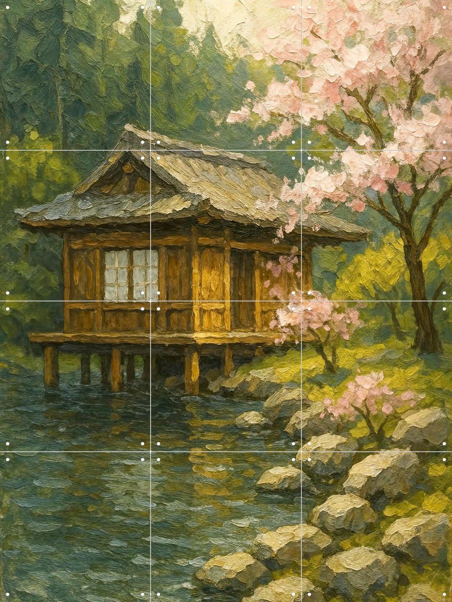 IXXI Kersenbloesem bij Japans Theehuis, Natalie Bruns - 60 x 80 cm - Gratis ophangtool - Grote wanddecoratie en posters - Impressionisme, Naturalisme